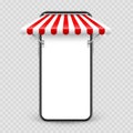 Smartphone with shop sunshade and metal mount, online internet shopping. Realistic red striped cafe awning. Outdoor