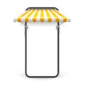Smartphone with shop sunshade and metal mount, online internet shopping. Realistic yellow striped cafe awning. Outdoor