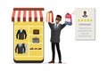 Smartphone with shopping application. Happy african american businessman customer with shopping bags. Positive review,