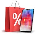 Smartphone and shopping bag with percent discount sale sign