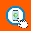 Smartphone with shopping cart icon. Mobile shopping concept. Hand Mouse Cursor Clicks the Button Royalty Free Stock Photo
