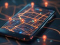 Smartphone with gps navigation map and multiple glowing location pins on dark abstract background Royalty Free Stock Photo