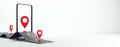 Smartphone displaying a navigation route with red location pins on a curved road. 3D Rendering