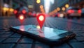 Smartphone shows gps navigation app on city street at night. Red marker pinpoints location on map. Modern tech device guides