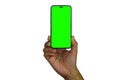 Smartphone similar to iphone 13 with green screen for Infographic Global Business Marketing Plan, mockup model similar to iPhone