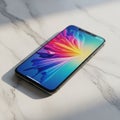 A smartphone with a sleek black frame is resting on a white marble surface Royalty Free Stock Photo