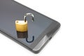 Smartphone with small lock in unlocked position over it - data protection concept Royalty Free Stock Photo