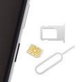 Smartphone, Small Nano Sim Card, Sim Card Tray and Eject Pin. Vector objects isolated on white. Realistic vector icons Royalty Free Stock Photo