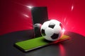 Smartphone soccer ball red desk. Generate Ai