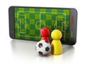 Smartphone with soccer field, football and pawns. 3D Royalty Free Stock Photo