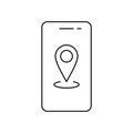 Smartphone specifications line icon. Geolocation map mark, mobile phone functions and apps. Vector line icon with Royalty Free Stock Photo