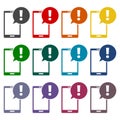 Smartphone, speech bubble, exclamation mark icons set
