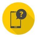 Smartphone, speech bubble, question mark icon with long shadow