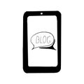 Smartphone with speech cloud on screen blog lettering icon, sticker. sketch hand drawn doodle style. vector, minimalism,