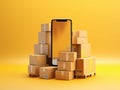 Smartphone with stack of cardboard boxes on yellow background. 3d rendering Royalty Free Stock Photo