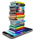 Smartphone and stack of color hardcover books