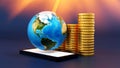 Smartphone with stack of gold coins and globe or earth, world business concept. 3D rendering. element by NASA