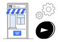 Mobile Shopping Concept with Online Storefront, Settings Gear, and Play Button for E-Commerce Royalty Free Stock Photo