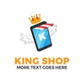 Smartphone with striped store awning, crown, wings and K letter for mobile shop concept design. e-commerce application logo templa