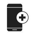 Smartphone support online healthcare medical and hospital pictogram silhouette style icon