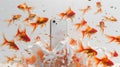 Dynamic display of a smartphone emerging amidst a burst of goldfish. surreal technology concept. perfect for modern Royalty Free Stock Photo