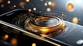 Smartphone with swirling golden particles creating dynamic visual effect, showcasing modern technology and innovation in Royalty Free Stock Photo