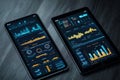 Smartphone and tablet are arranged side by side, showcasing vibrant digital graphs and data analytics on their screens Royalty Free Stock Photo