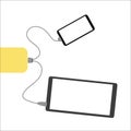 Smartphone and tablet are charged from an external battery. Vector flat illustration. Shades of gray and yellow. Isolated on a
