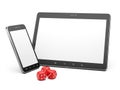 Smartphone and tablet with game dices. Online play concept.