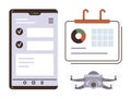 Mobile Task Manager, Data Analytics Dashboard, and quadcopter Technology Integration Royalty Free Stock Photo