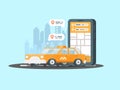 Smartphone with taxi service application on a screen and car. Mobile app for onlline taxi ordering