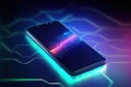 Mobile phone on abstract futuristic neon colored background. Generative AI Royalty Free Stock Photo