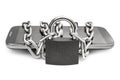Smartphone tied by chain with padlock on white background. Protected information on smartphone Royalty Free Stock Photo