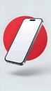 Smartphone tilts against large red circle, creating dynamic floating effect