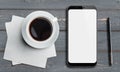 Smartphone top view on old wood table with stylus and coffee Royalty Free Stock Photo