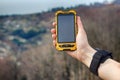 hand of girl with smartwatch and smartphone Royalty Free Stock Photo