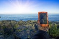 smartphone tracking travel on trails. Royalty Free Stock Photo