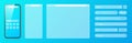 Smartphone, transparent internet browser window with various search bar templates. Web site engine with search box