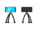 Smartphone on tripod stand front and back view set. Mobile phone on rack. Video blogger equipment stationary holder