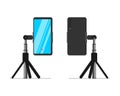 Smartphone on tripod vertical stand front and back view set. Mobile phone on rack. Video blogger equipment stationary