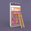 Smartphone turned into Internet online library. Concept of mobile education and e-library, isometric media book shop. 3d rendering