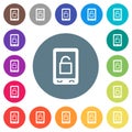 Smartphone unlock flat white icons on round color backgrounds