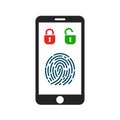 Smartphone with unlocked fingerprint scanning, phone screen with closed and open lock - stock vector Royalty Free Stock Photo