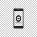 Smartphone update process with gearbox progress and loading bar icon on transparent background. System software update