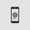 Smartphone update process with gearbox progress and loading bar icon on transparent background. System software update