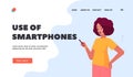 Smartphone Use Landing Page Template. Young Woman Send Messages to Friends. Girl Character Texting Sms Royalty Free Stock Photo