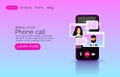Smartphone video call, touch screen device, chat mobile application, web site banner. Vector