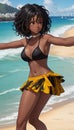 smartphone wallpaper of beautiful Brazilian girl playing beach volleyball. Attractive black woman in bikini. Cartoon illustration Royalty Free Stock Photo