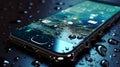 Smartphone in waterdrops waterproof phone. Generative AI. Royalty Free Stock Photo