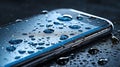 Smartphone in waterdrops waterproof phone. Generative AI Royalty Free Stock Photo